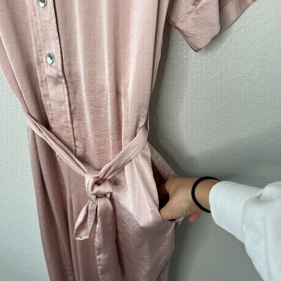 Revolve Overlover Blush Pink Satin Jumpsuit Wide Leg V Neck Button Front S - Picture 5 of 7